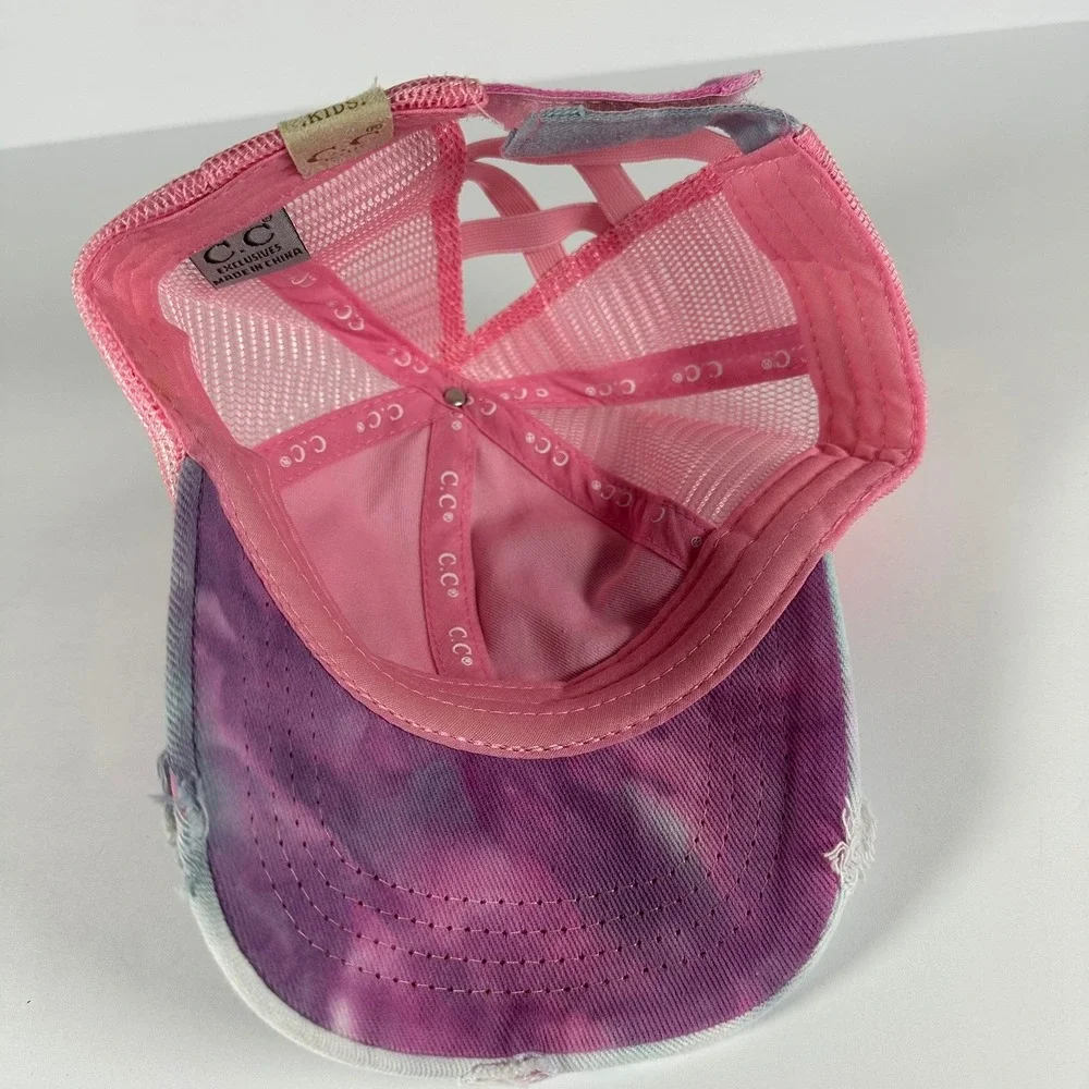 CC Kids Pink Tie Dye Distressed Baseball Cap Criss Cross‎ Ponytail Trucker Hat